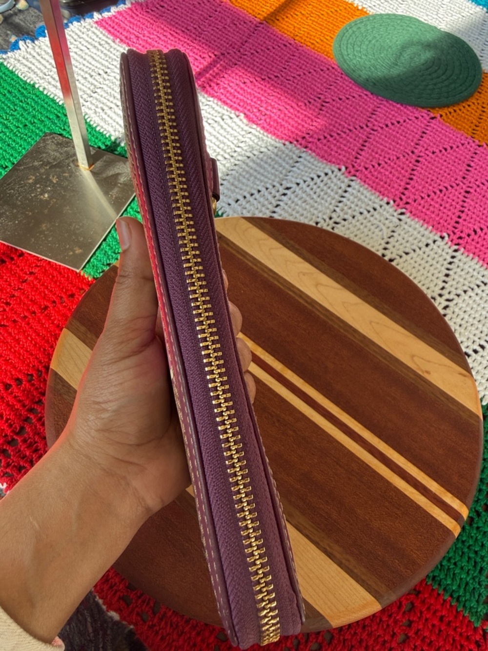 Coach Brown Signature Canvas Zip Wallet with Purple Trim - Picture 7 of 14